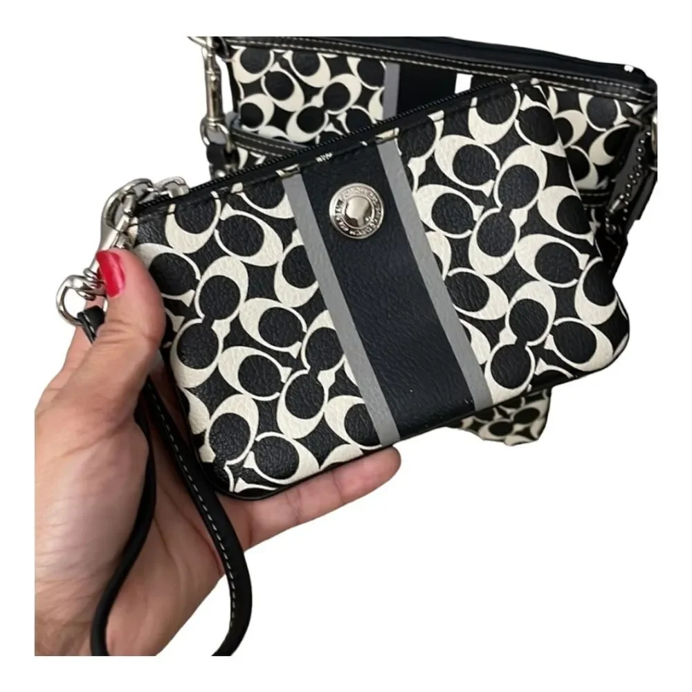 Coach F43893 3 Piece Set Signature Swing Pack Crossbody + Wristlet Black White - Picture 12 of 15